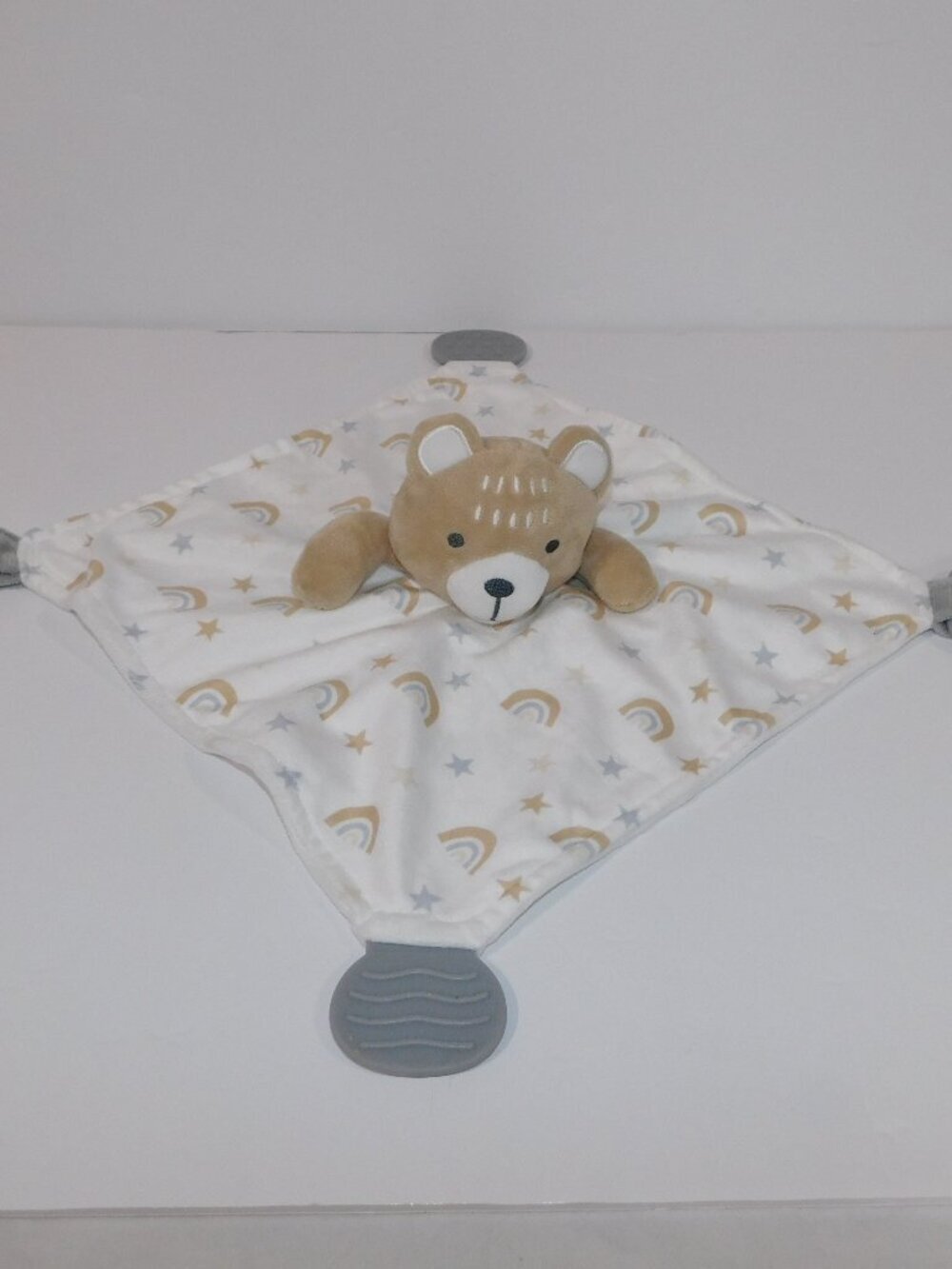 Modern Baby Bear Rainbows Teether Rattle Security blanket Tan Plush Baby Lovey